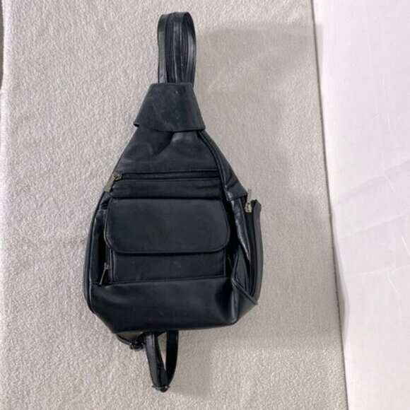 Vintage 90s Black Faux Leather Convertible Shoulder Bag  Backpack - Picture 16 of 16